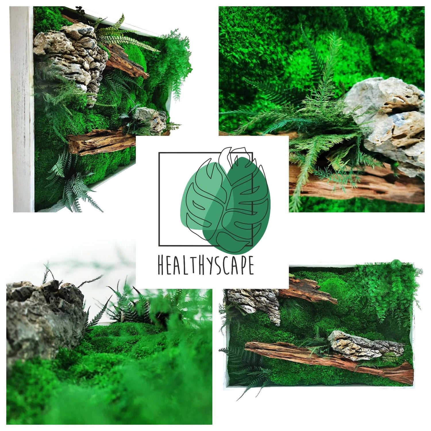 Vibrant green handmade nature art featuring rocks and lush foliage by Healthyscape.