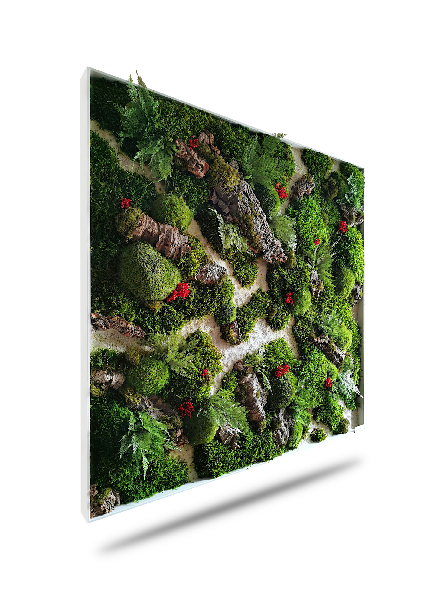 Custom-made moss picture "Red Aronia" – Plant picture made of cork, flowers and plants – Square picture in a real wood frame
