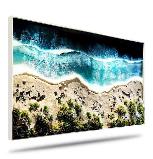 Maritimes Moosbild Ostsee – Küstenlandschaft mit Epoxidharz und echtem Sand.