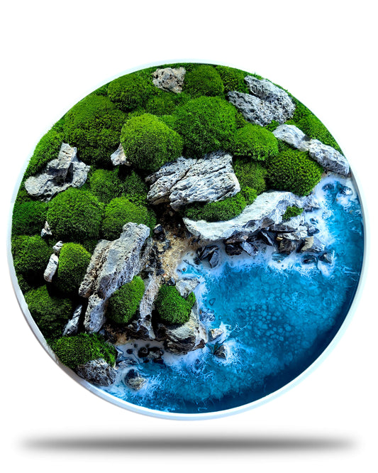 Moosbild Kunst "New Zealand" Ozeanbild mit echten Steinen zeigt neuseeländische Küstenmotive und natürliche Elemente.