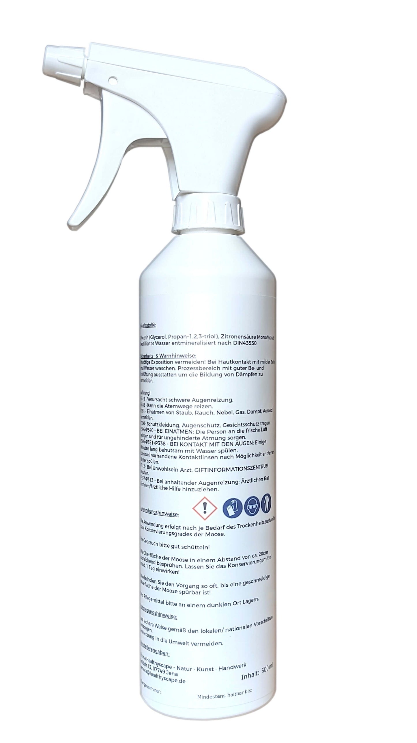 Mossy Refresh natural care spray for preserved moss pictures in a 500ml bottle with a spray nozzle.