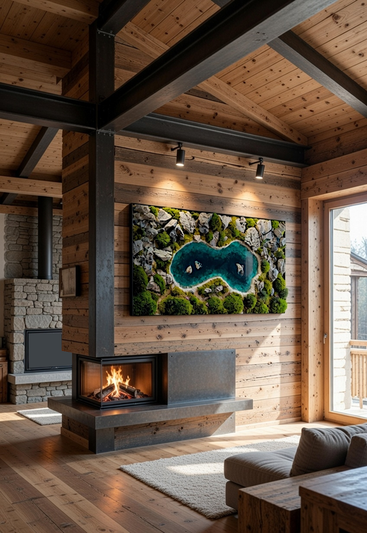 Moosbild Kunst Bergsee – Rechteckiges Wandbild für Wohn- & Praxisräume in modernem Wohnzimmer mit Kamin.
