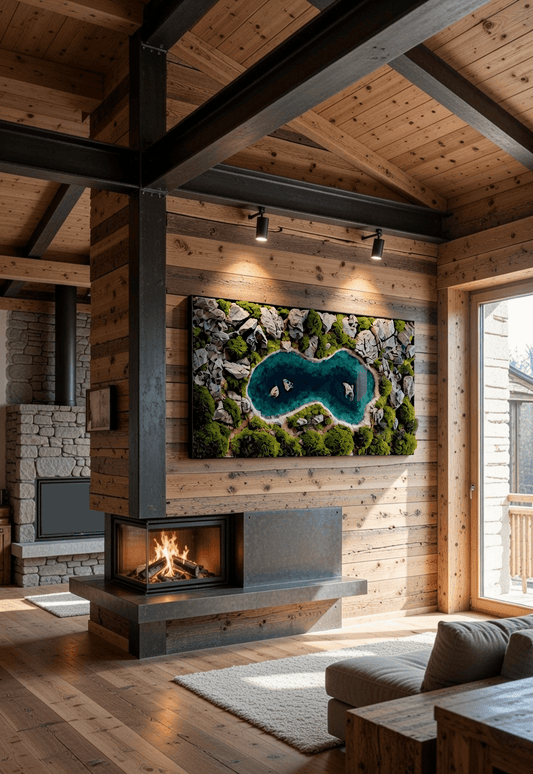 Alpiner Bergsee aus Moos Holz & Epoxidharz - Healthyscape in einem rustikalen Wohnraum mit Holzverkleidung.