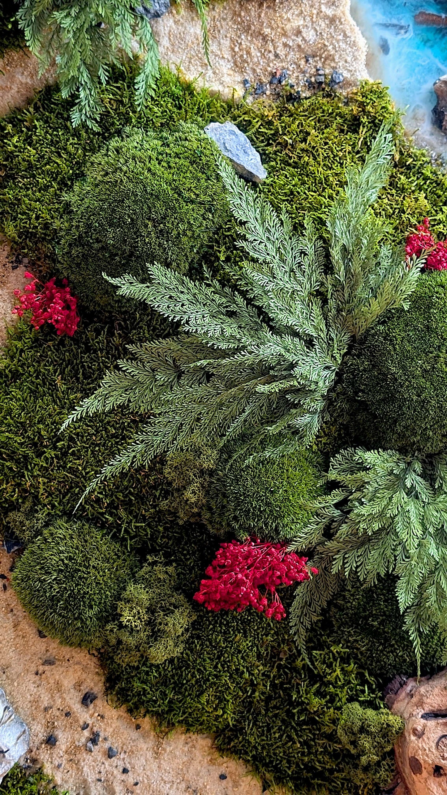 Moosbild Panorama mit Epoxidharz-Pflanzenbild Naturkunst XXL mit stabilisierten Moosen und roten Aronia-Sträuchern.