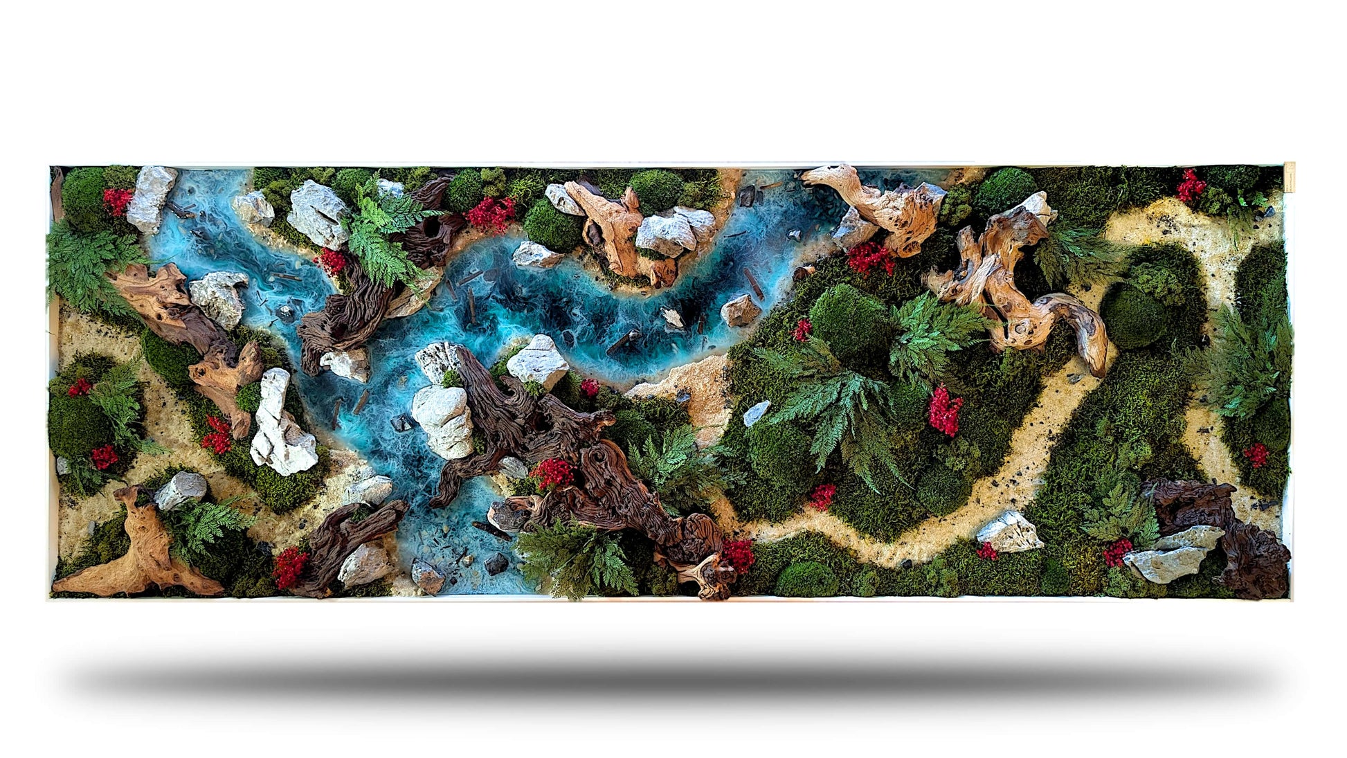 Moosbild Panorama mit Epoxidharz-Pflanzenbild Naturkunst XXL, Waldfluss mit Moosen und Naturmaterialien.