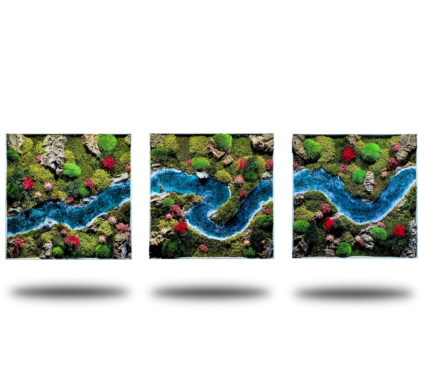 Wild River – Handmade Moss Picture with Epoxy Resin Flow, Roots & Natural Stones