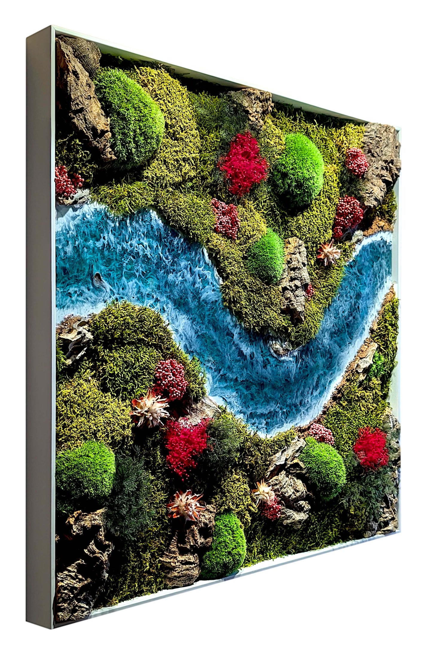 Moosbild 3er Set mit Epoxidharz-Fluss & natürliche Korkrinde, handgefertigte Naturkunstwerke auf Wanddekor.