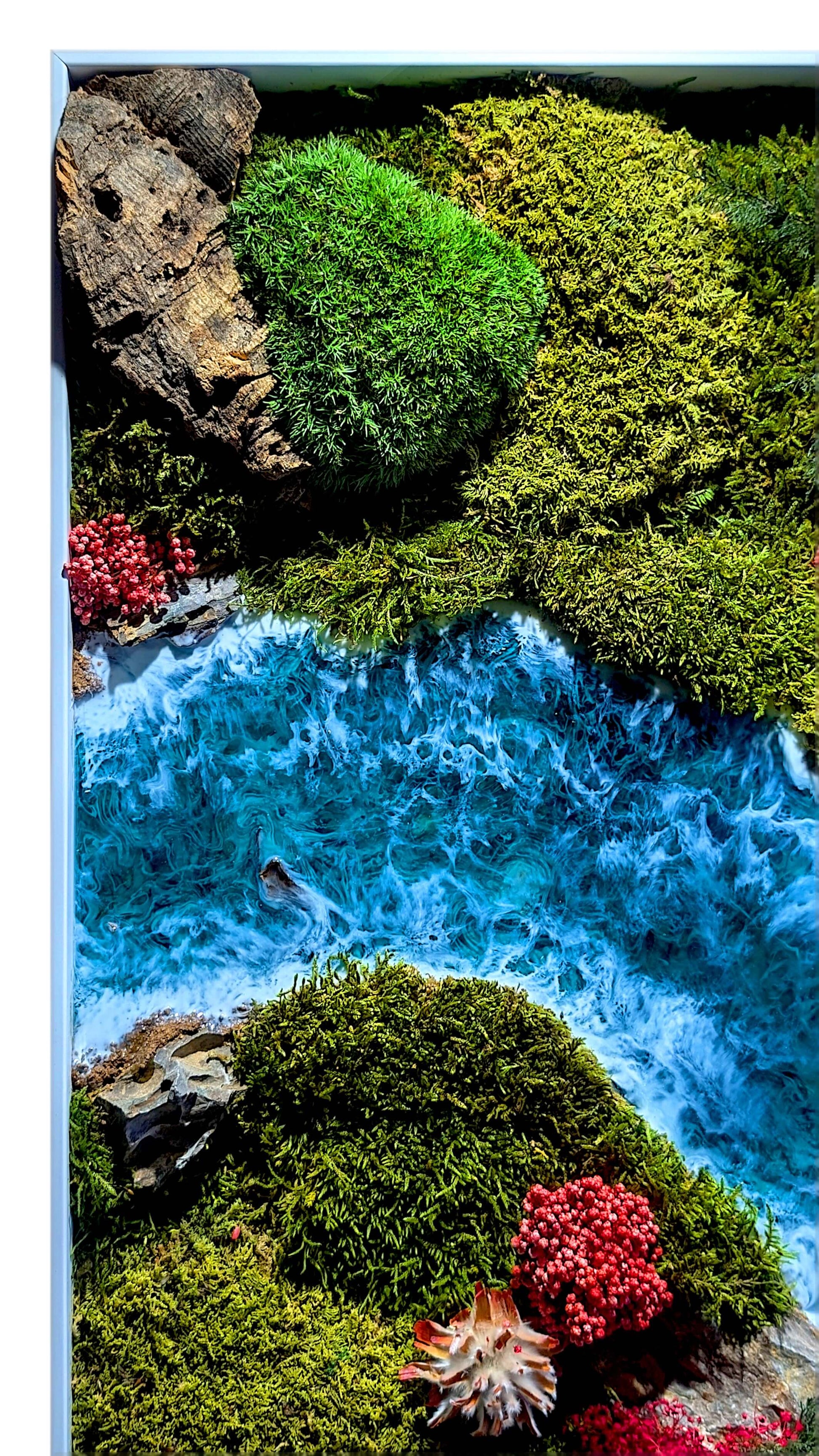 Moosbild 3er Set mit Epoxidharz-Fluss & natürliche Korkrinde, handgefertigte Naturkunstwerke mit Moos, Korkrinde und Epoxidharz.