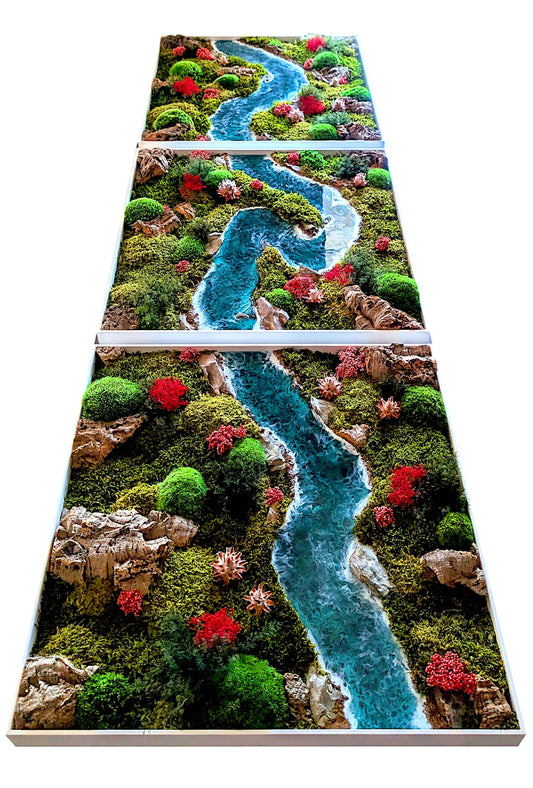 Moosbild 3er Set mit Epoxidharz-Fluss & natürliche Korkrinde, handgefertigte Naturkunstwerke mit stabilisiertem Moos.