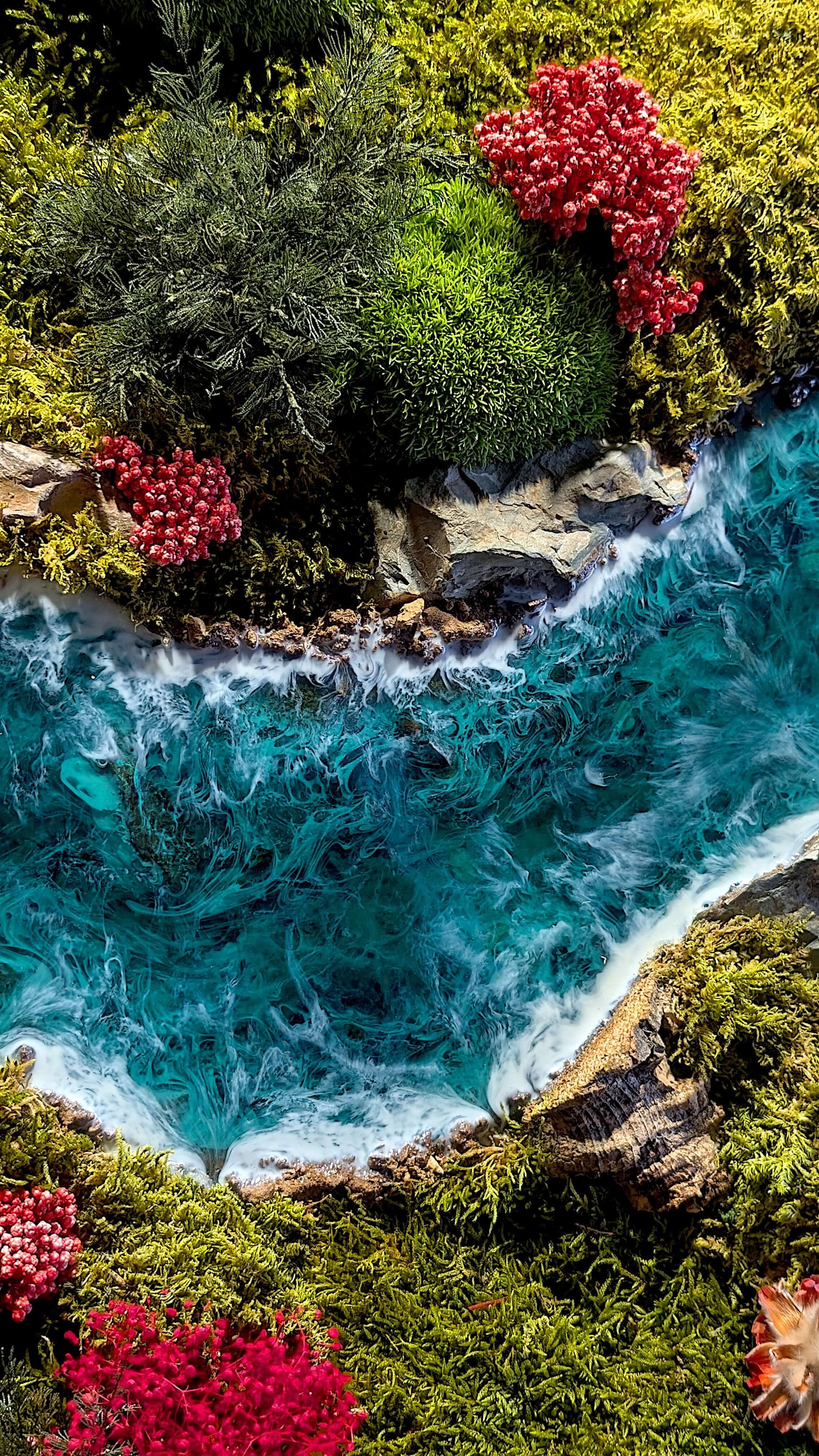 Moosbild 3er Set mit Epoxidharz-Fluss & natürliche Korkrinde, Fokus auf Moos und Epoxidharz-Details.