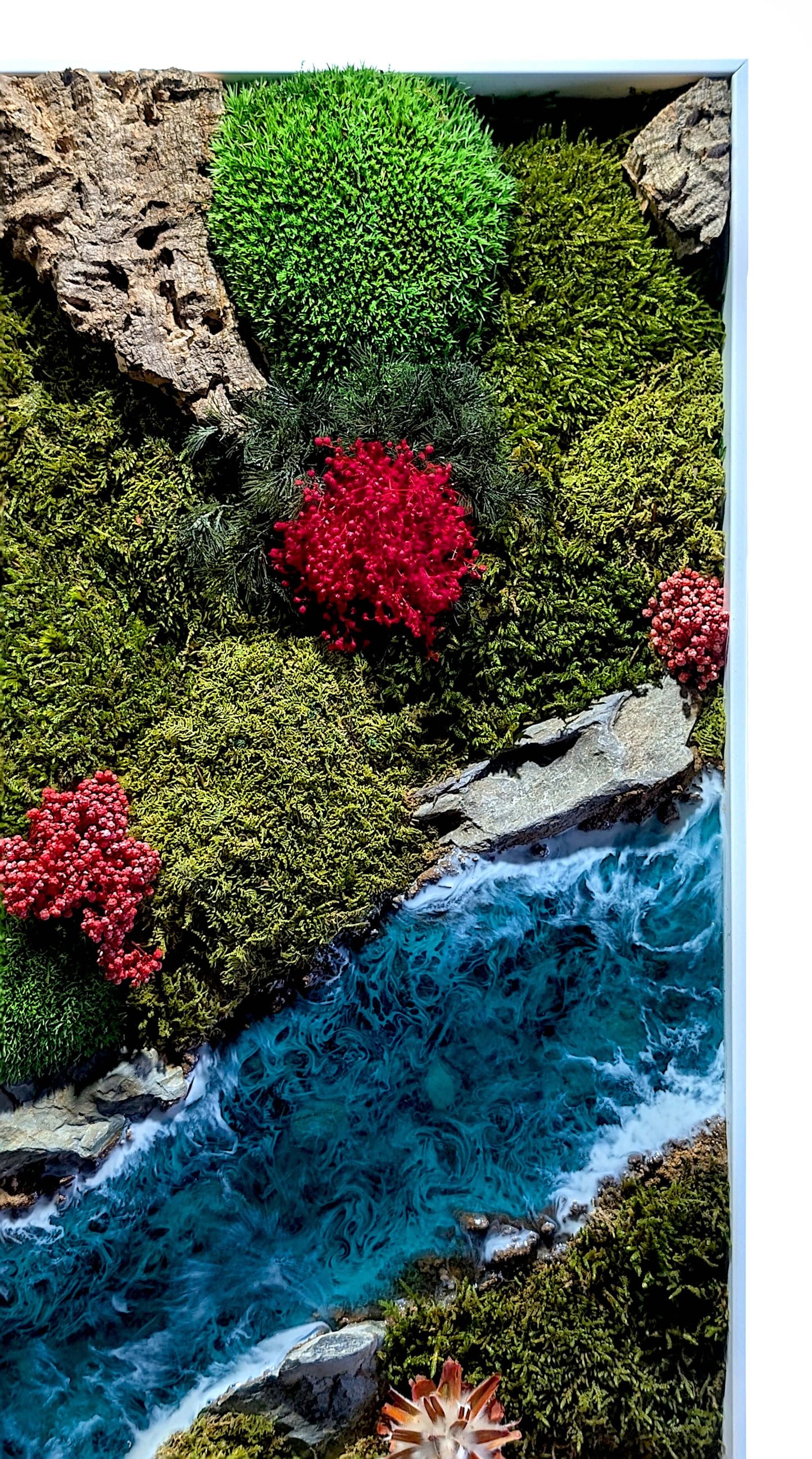 Moosbild 3er Set mit Epoxidharz-Fluss & natürliche Korkrinde, handgefertigte Naturkunstwerke mit buntem Moos.