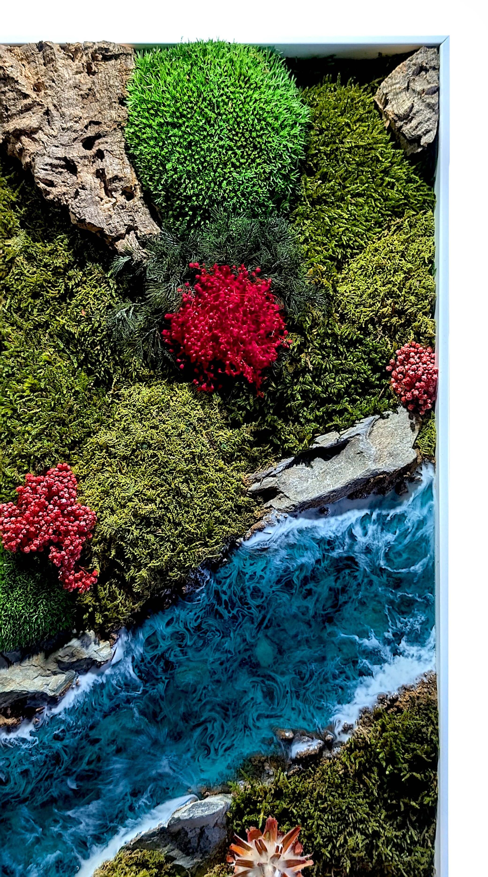 Moosbild 3er Set mit Epoxidharz-Fluss & natürliche Korkrinde, handgefertigte Naturkunstwerke mit buntem Moos.