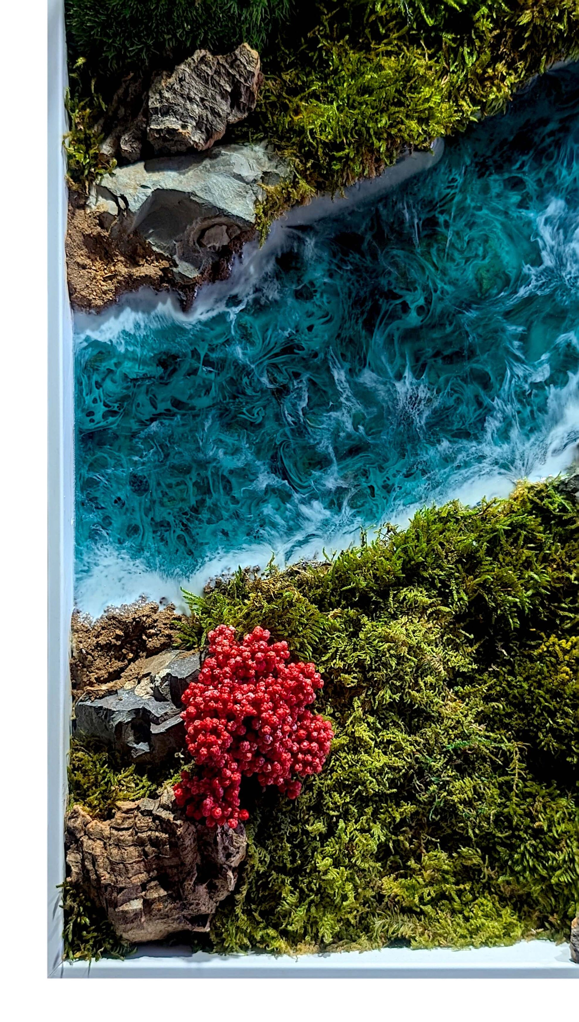 Moosbild 3er Set mit Epoxidharz-Fluss & natürliche Korkrinde in lebendigen Farben und Texturen.