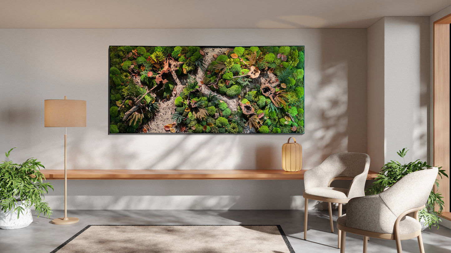Custom-made moss picture forest picture "Forest Paths Autumn" - plant picture in a modern slim frame (80-200cm) - natural artwork with real roots
