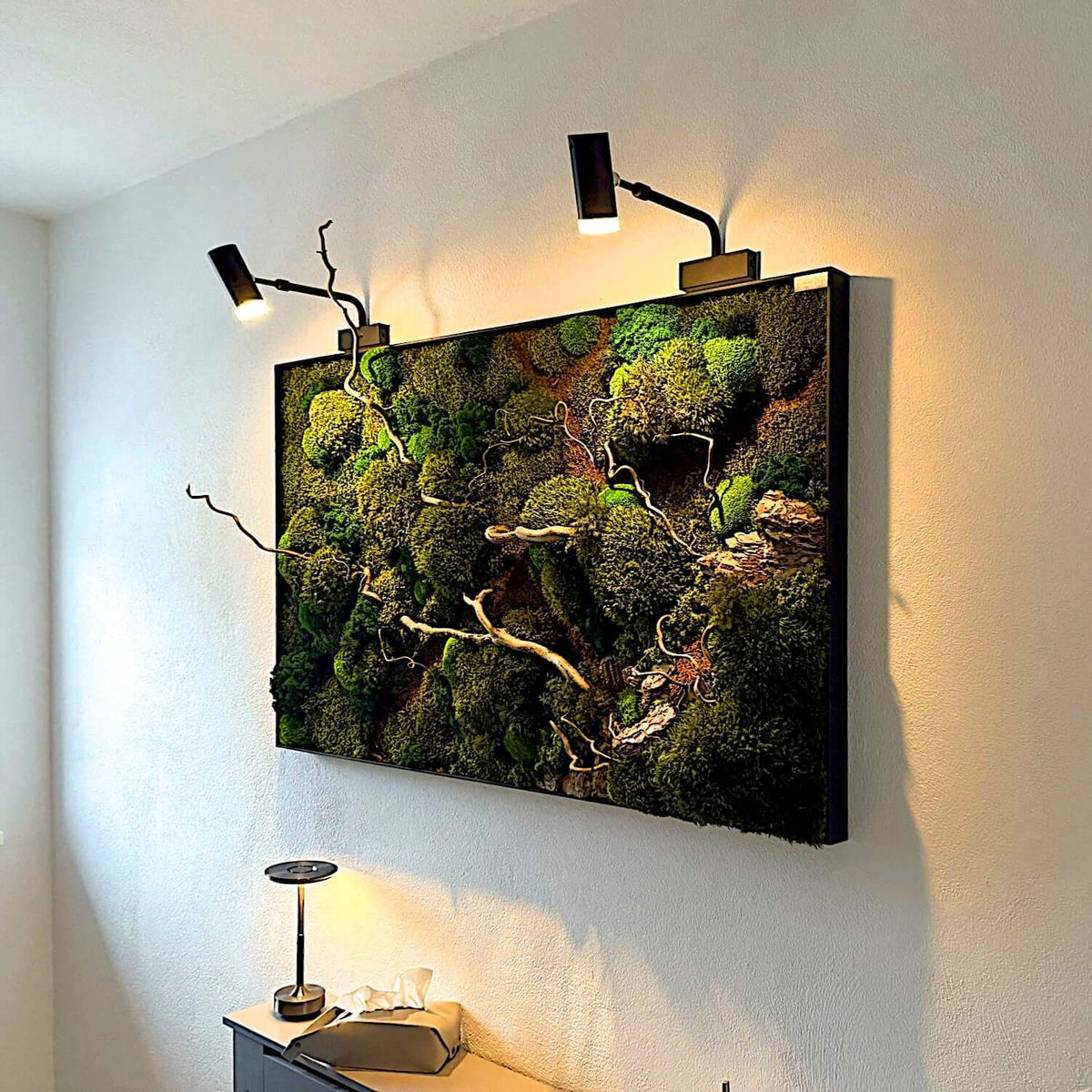 Moss picture "Forest Walk" with corkscrew hazel branches