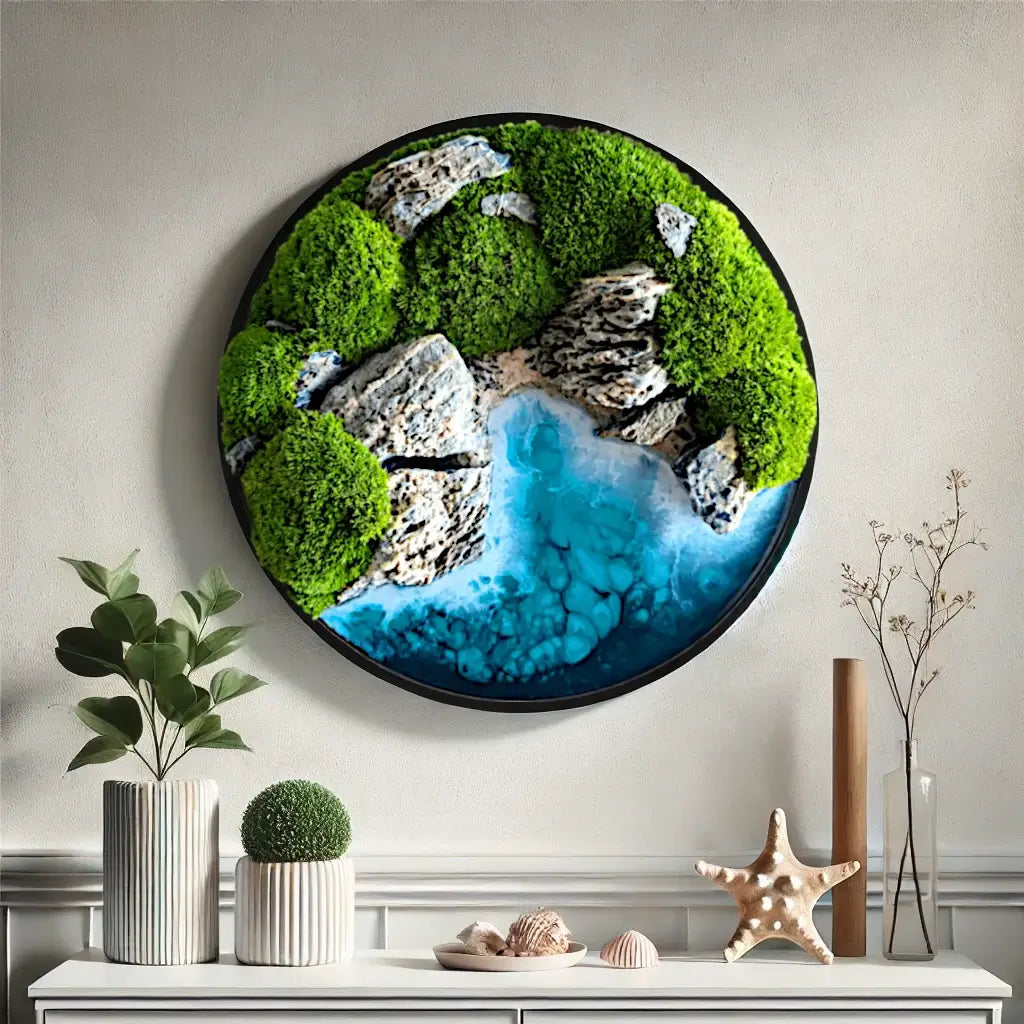Maritime Kunst 'New Zealand' handgefertigtes Ozeanbild mit Moos und Steinen, ideal für Raumdekoration.