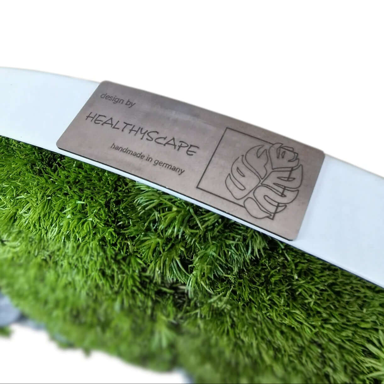Design label of a handcrafted green moss art piece by Healthyscape, highlighting quality craftsmanship.