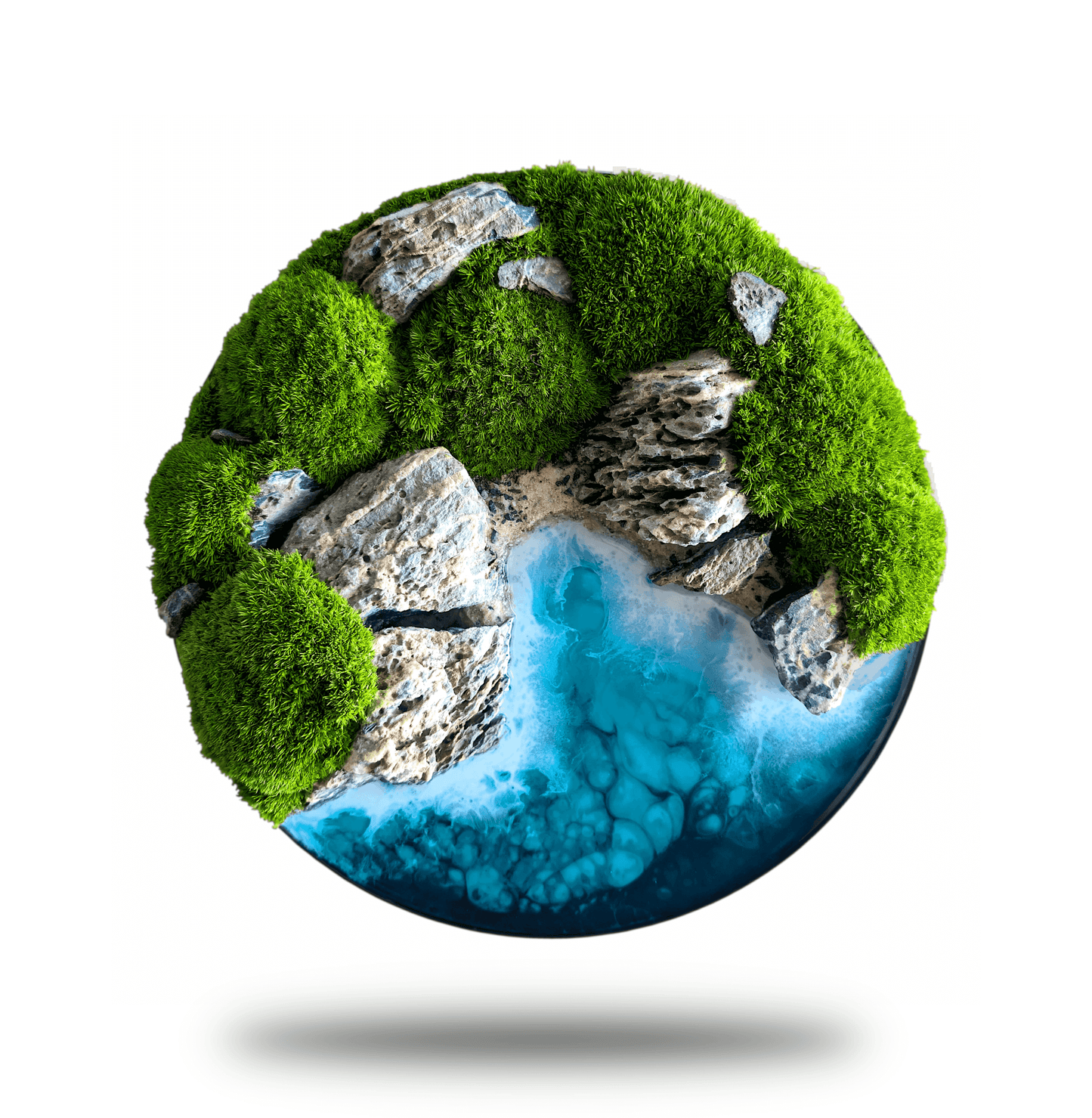 Rundes Ozeanbild "New Zealand" mit echter Mooslandschaft und Steinen, inspiriert von der neuseeländischen Küste.