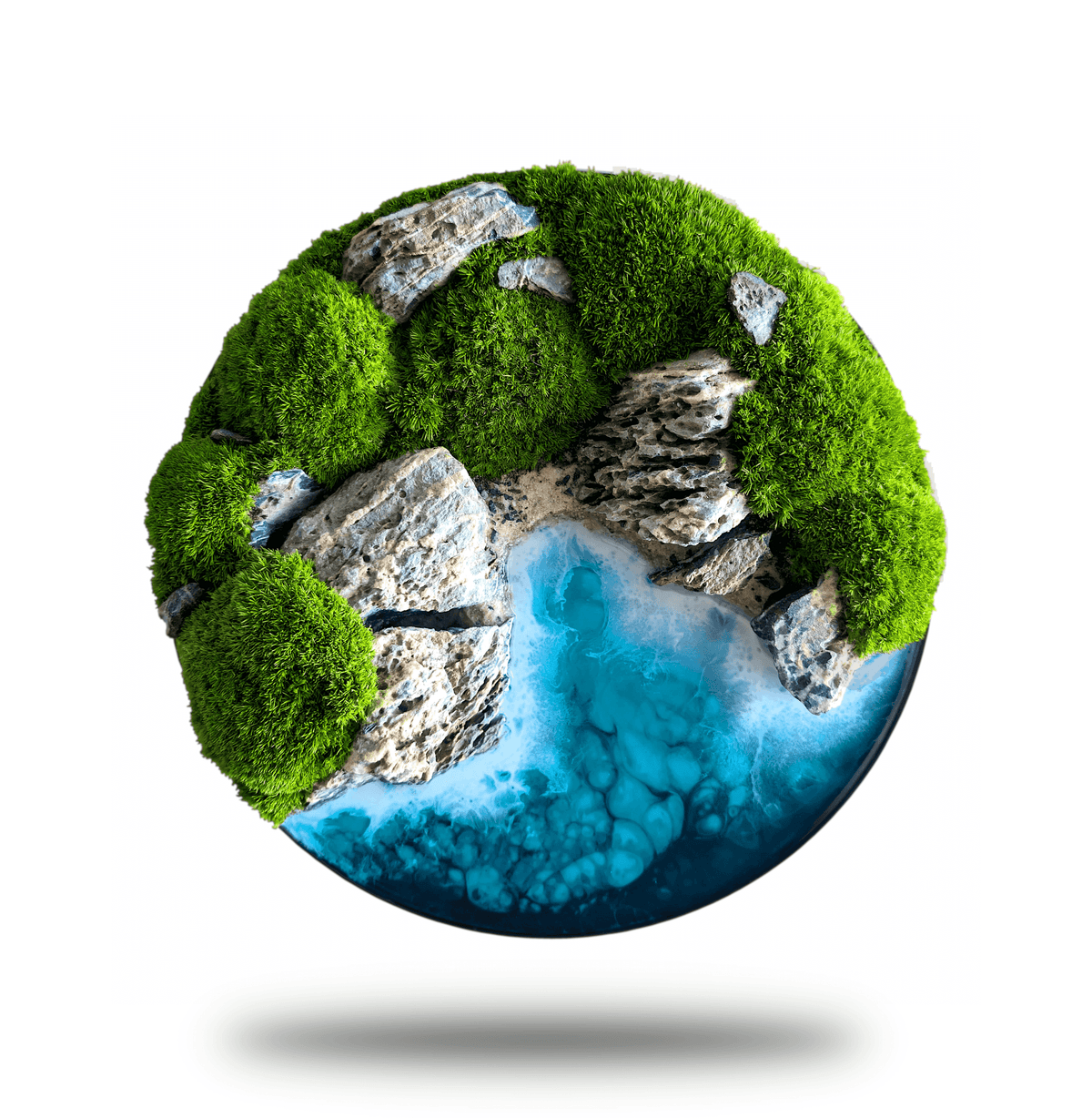 Rundes Ozeanbild "New Zealand" mit echter Mooslandschaft und Steinen, inspiriert von der neuseeländischen Küste.