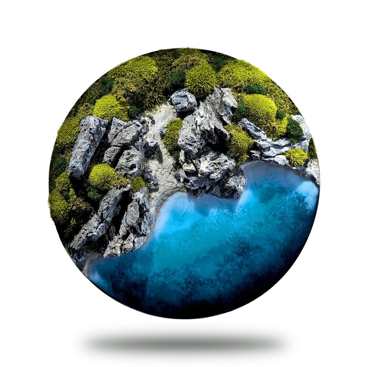 Maritime Kunst 'Autumn Coast': herbstliche Küstenlandschaft mit Felsen und klarem blauem Wasser.