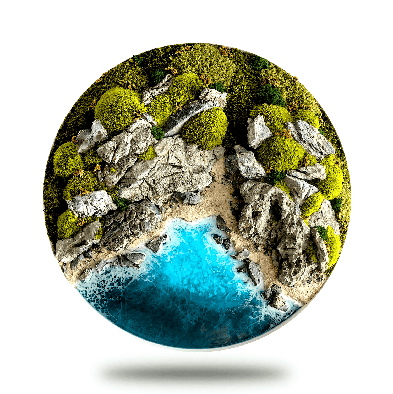 Maritime Kunst "Autumn Coast": Bunte Küstenlandschaft mit Moos und Epoxidharz, ideal für Wanddekoration.