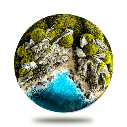 Maritime Kunst "Autumn Coast": Bunte Küstenlandschaft mit Moos und Epoxidharz, ideal für Wanddekoration.