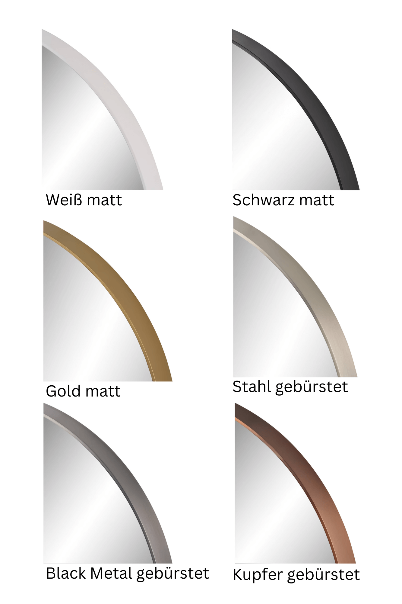 Farbauswahl von runden Alurahmen in Weiß, Schwarz, Gold, gebürstetem Stahl, Schwarz und Kupfer