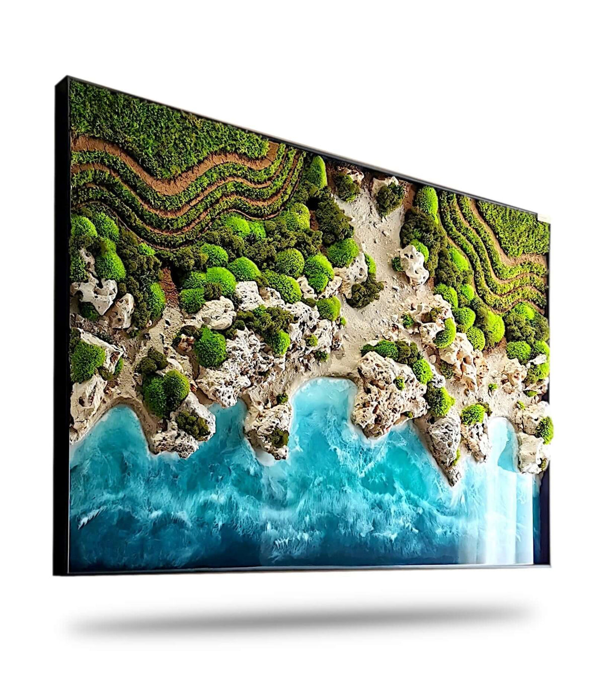 Maritime Kunst "Ocean Coast" Wandbild mit schimmerndem Meer und Küstenlandschaft, ideal für Zahnarztpraxis.