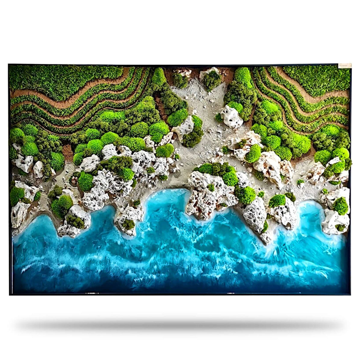 Maritime Kunst "Ocean Coast" Wandbild mit Küstenlandschaft und echtem Naturmaterialien, ideal für Zahnarztpraxen.