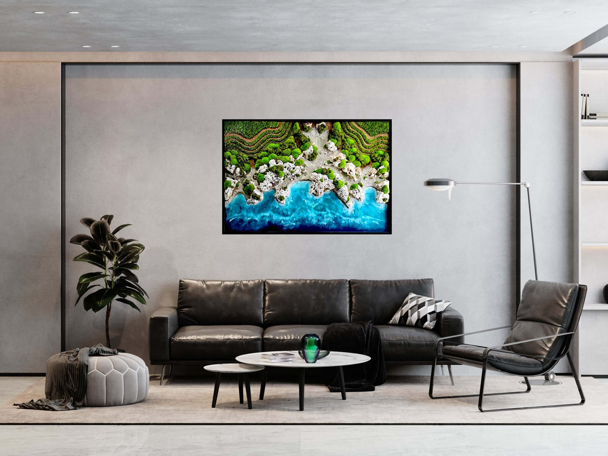 Wandbild 'Ocean Coast' in modernem Wohnzimmer mit Küstenlandschaft und entspannender Atmosphäre.