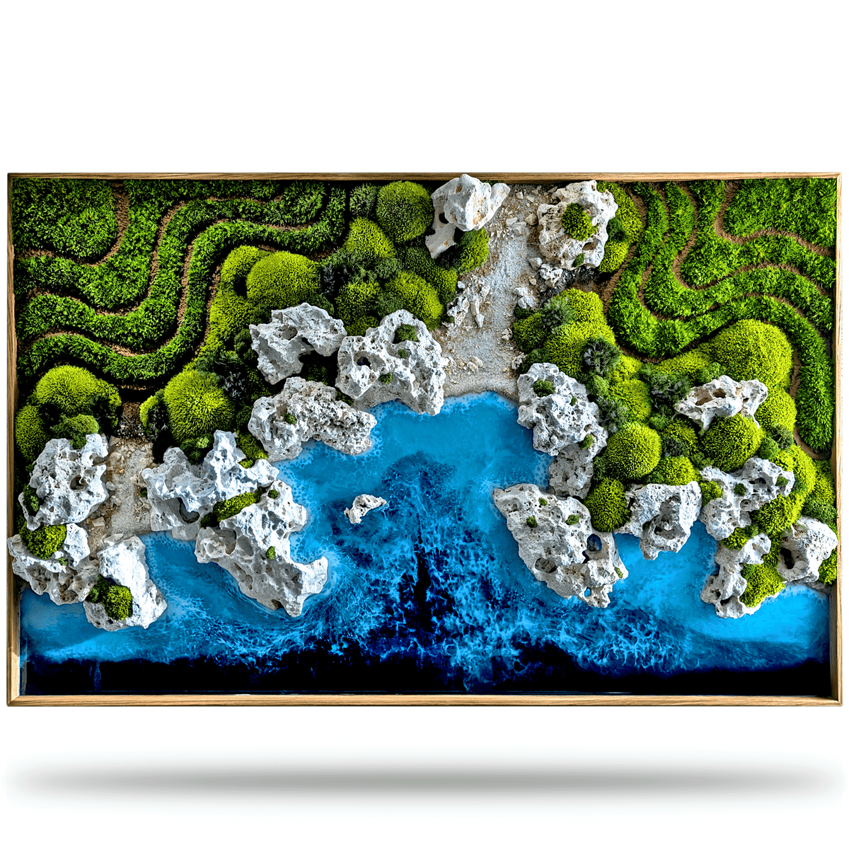 Maritime Kunst 'Ocean Coast' Wandbild mit Naturmaterialien und Epoxidharz für Zahnarztpraxis.