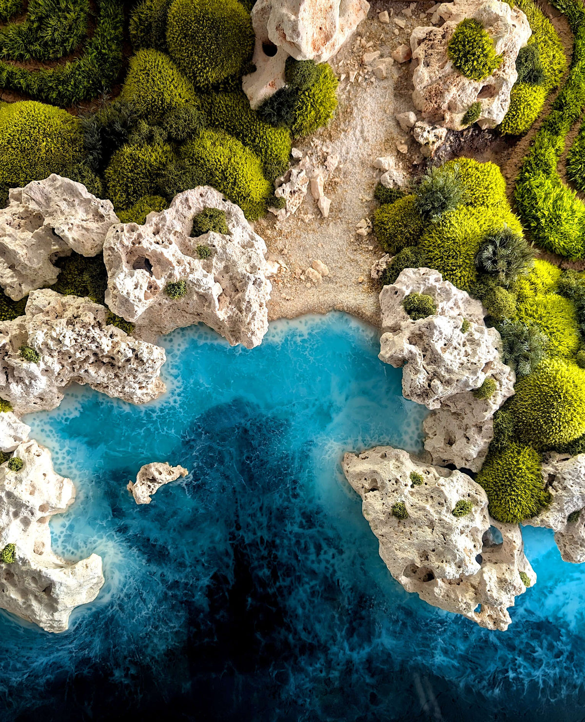 Maritime Kunst "Ocean Coast": Wandbild mit Küstenlandschaft, Muscheln und blauem Wasser für Zahnarztpraxis.