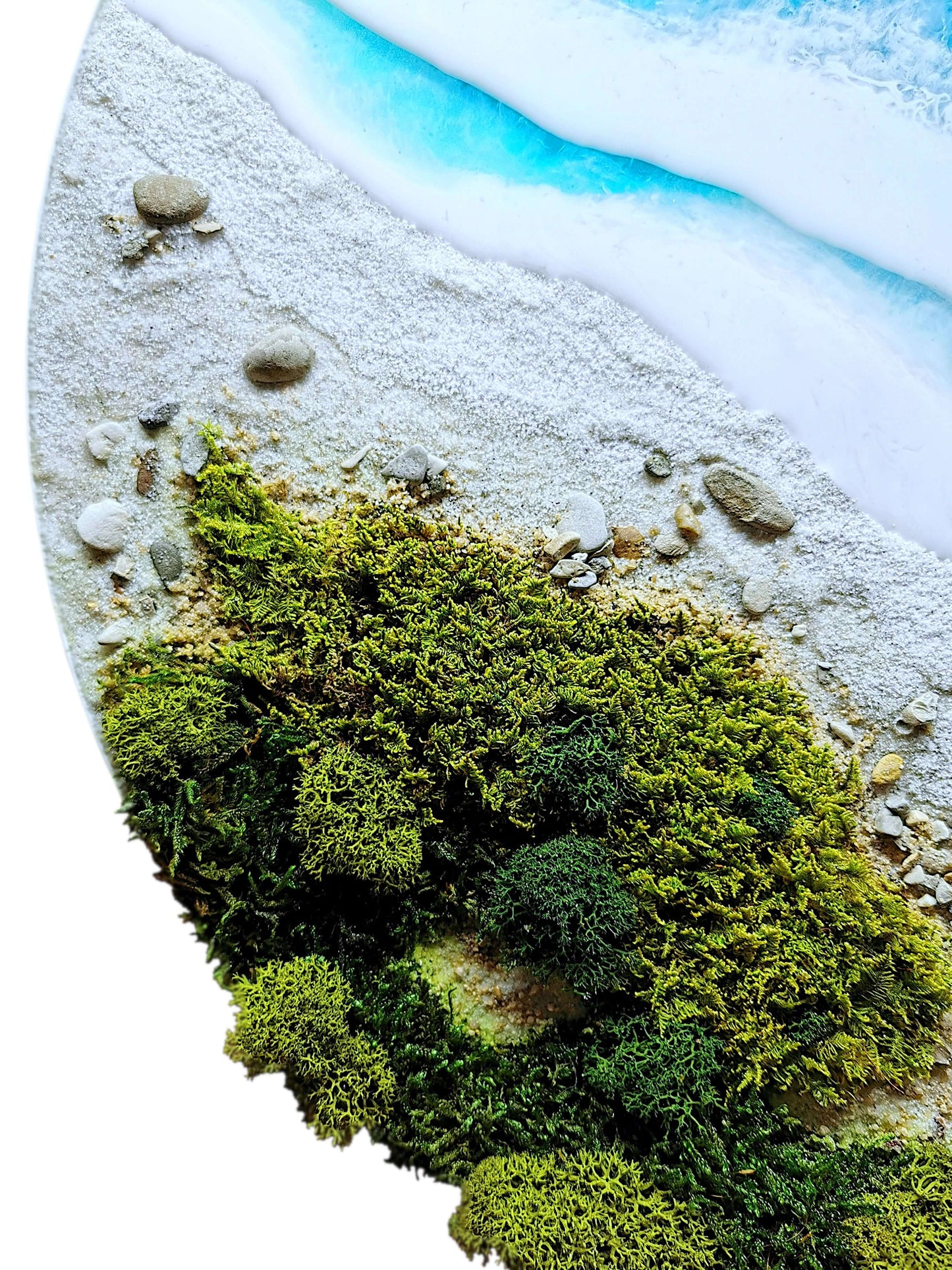 Detail of maritime moss artwork depicting the Baltic Sea shore with sand, sea, and lush greenery.