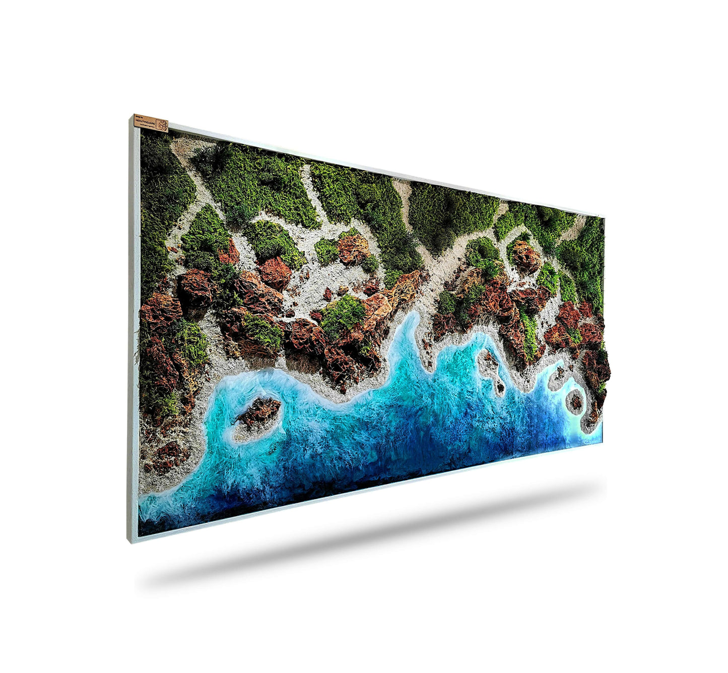 Handgefertigte Wandkunst „Portugal Algarve“ mit Epoxidharz, Moos und Naturmaterialien, die die Algarve-Küste darstellt.