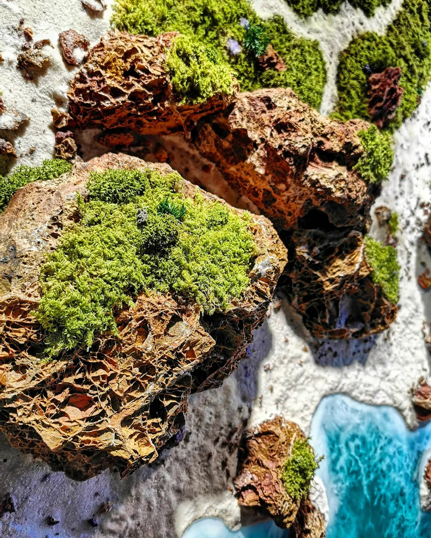 Detailaufnahme von echtem Moos und Steinen in der handgefertigten Wandkunst "Portugal Algarve".