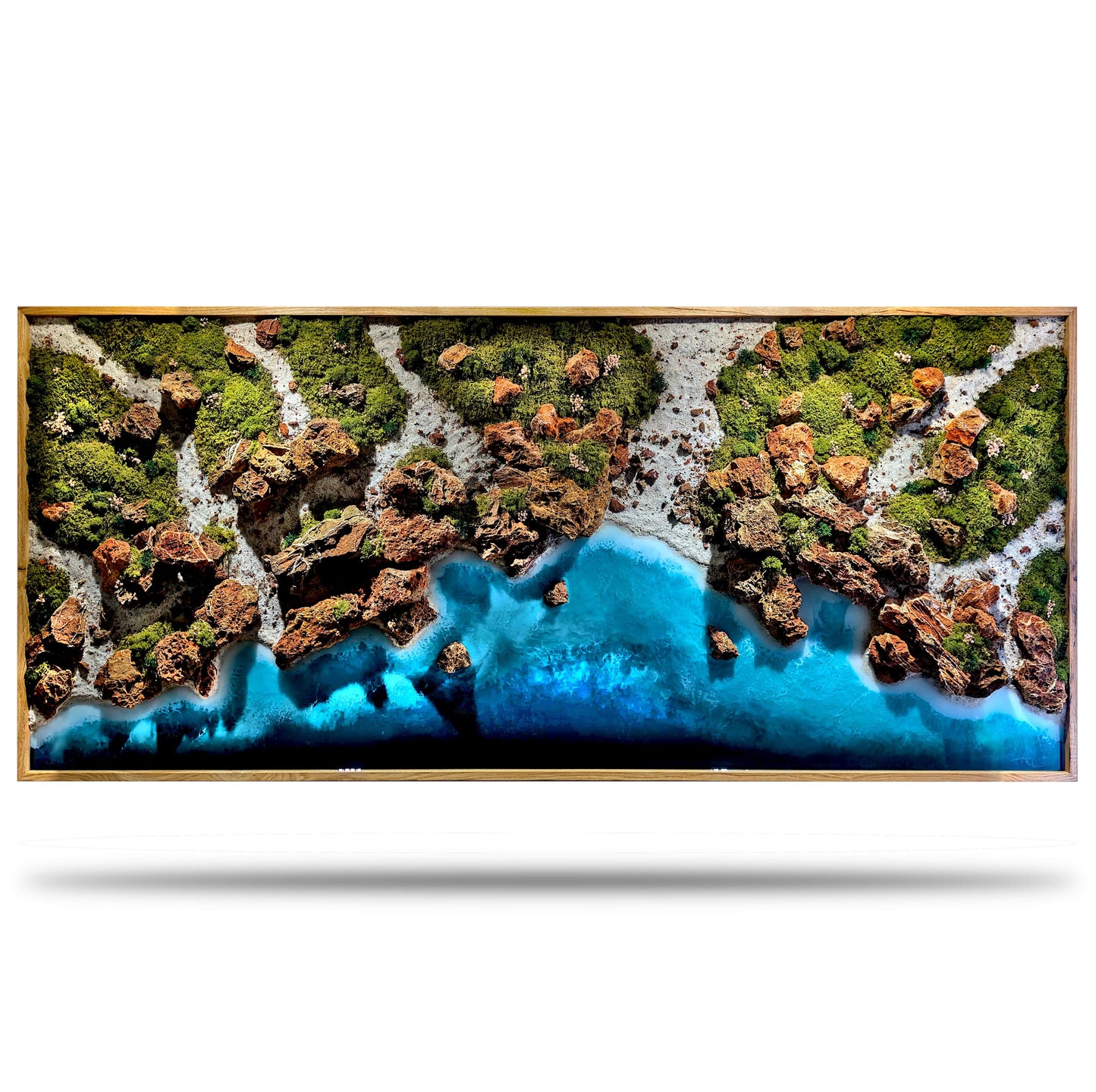 Handgefertigte Wandkunst "Portugal Algarve" mit Epoxidharz, Moos und Steinen, maritime Landschafts-Diorama.