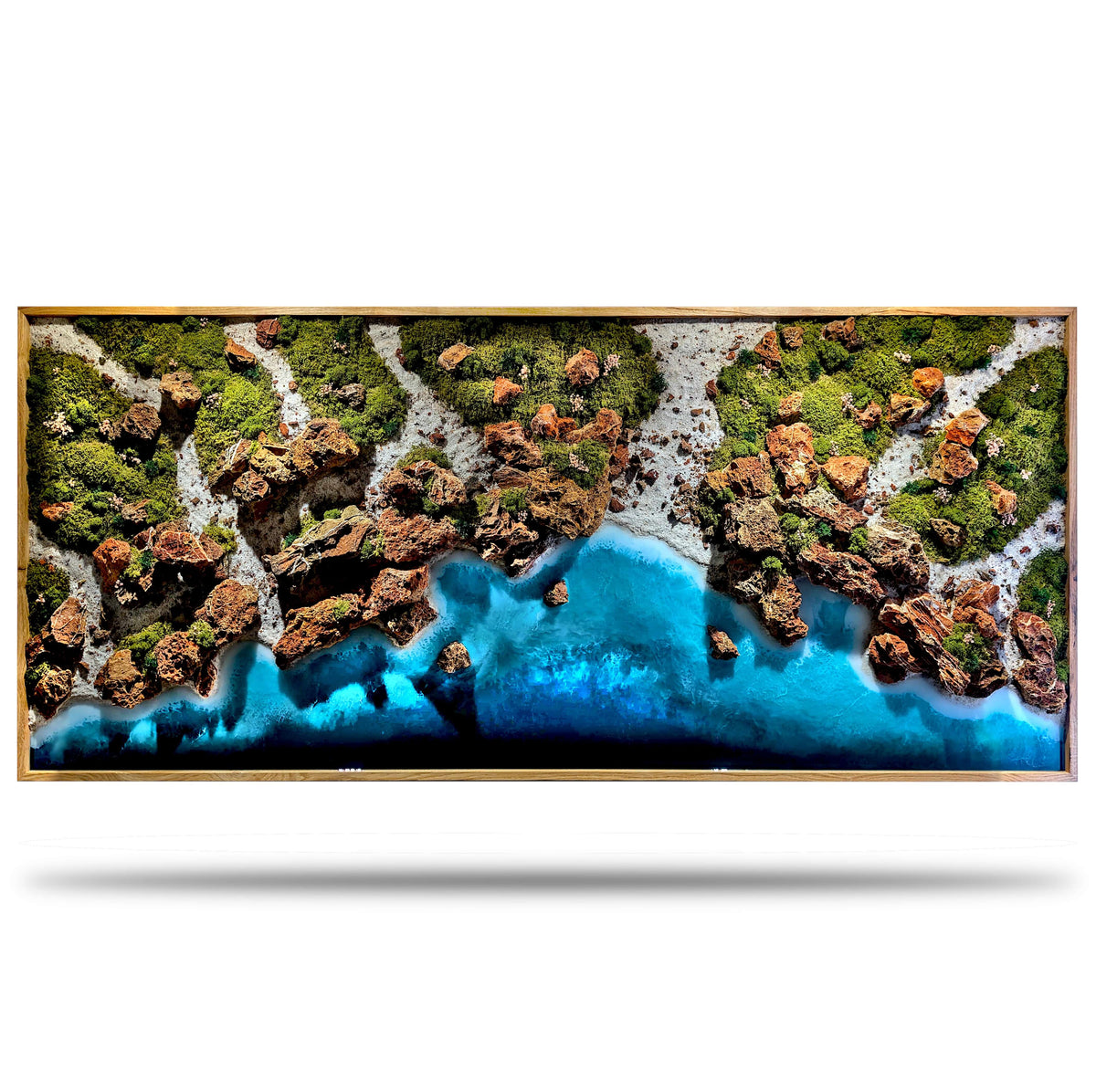 Handgefertigte Wandkunst "Portugal Algarve" mit Epoxidharz, Moos und Steinen, maritime Landschafts-Diorama.