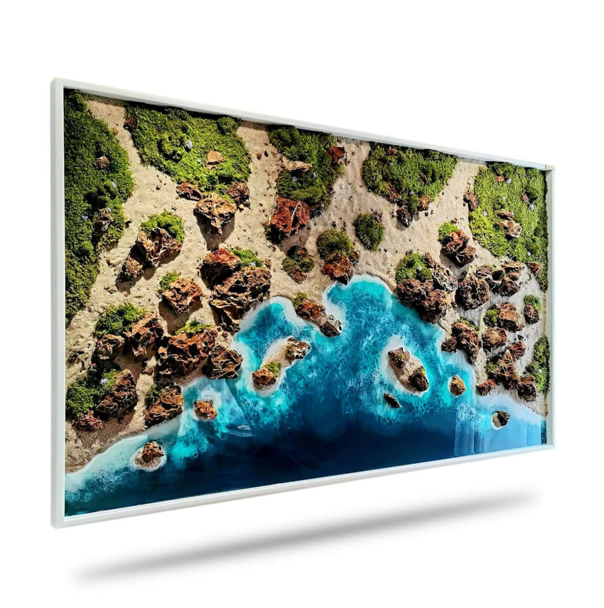 Handcrafted wall art "Portugal Algarve" featuring moss, wood, and resin, showcasing the beautiful Algarve coastline.