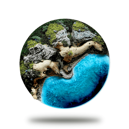 Maritime Kunst 'Woodn Coast' Wanddeko mit echten Hölzern und Mooslandschaften, Kunstwerk in runder Form.