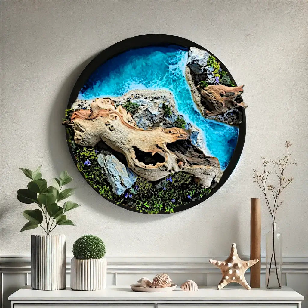 Maritime Kunst 'Woodn Coast' Wanddeko mit echtem Holz und Moos, ozeanblauem Kunstharz und einzigartiger Diorama-Komposition.