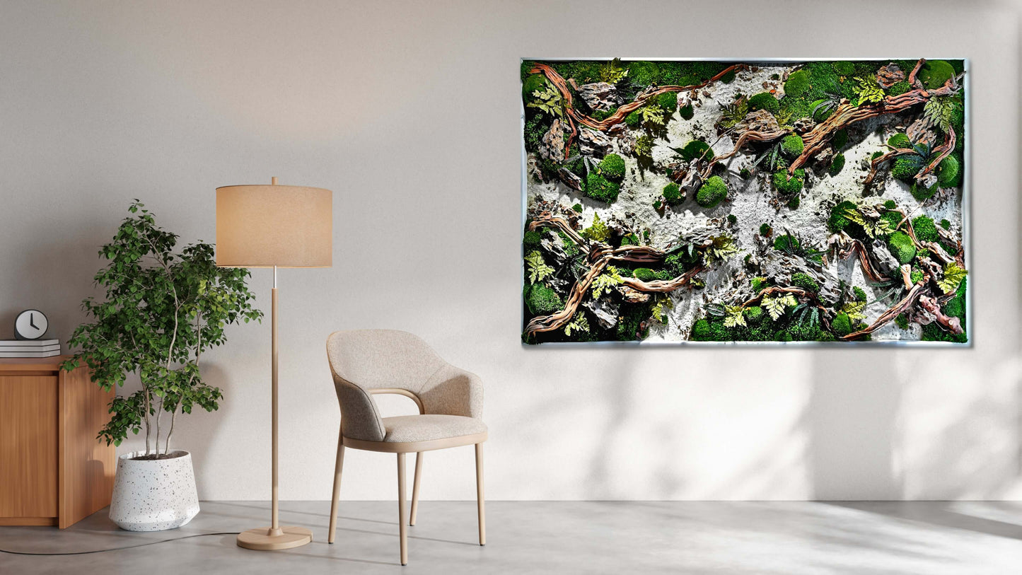 Moosbild Holzbild "Dried Riverbed" mit echtem Moos, Holz und Steinen im modernen Wohnraum