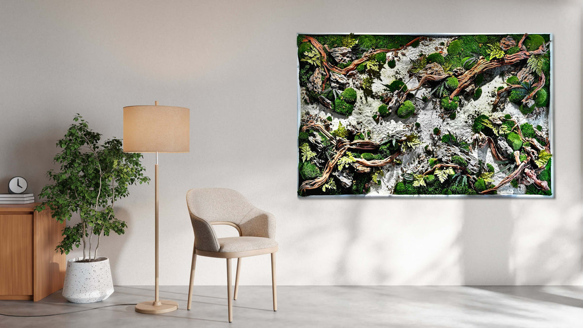 Moosbild Holzbild "Dried Riverbed" mit echtem Moos, Holz und Steinen im modernen Wohnraum