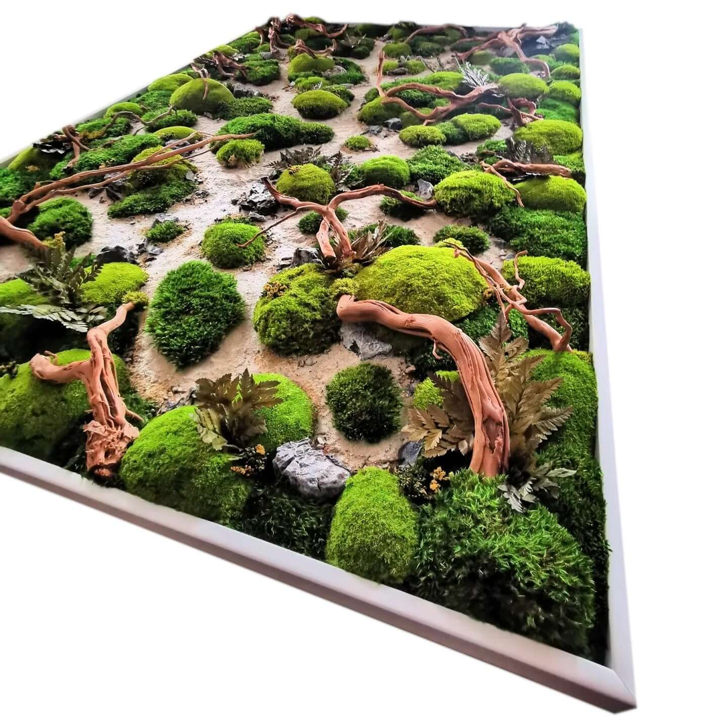 Moosbild Holzbild "Dried Riverbed" mit echtem Moos, Holz und Steinen für natürliche Wanddekoration.