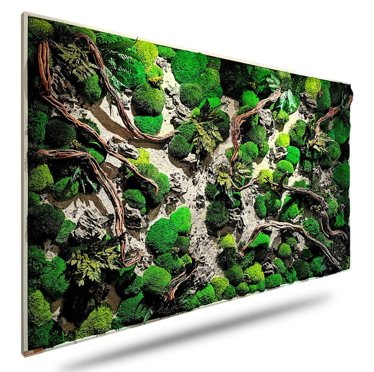 Moosbild Holzbild "Dried Riverbed" mit grünem Moos, Holz und Stein-akzenten für eine elegante Wanddeko.