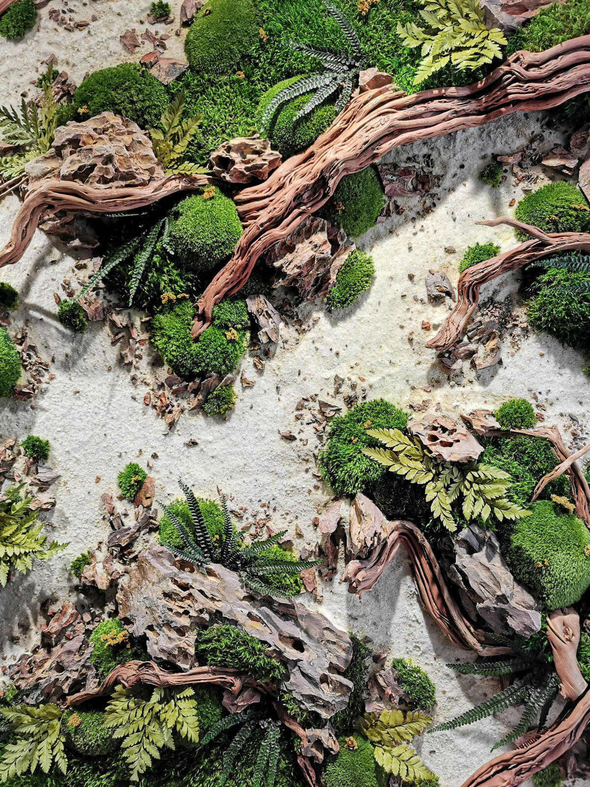Moosbild Holzbild "Dried Riverbed" mit Holz, echten Steinen und Mooslandschaften für natürliche Wandkunst.