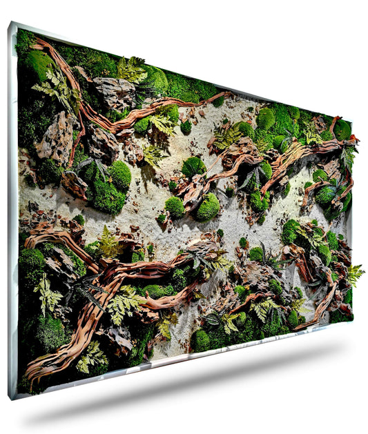 Moosbild Holzbild "Dried Riverbed" mit Holz, echten Steinen und Moos für natürliche Wandkunst.