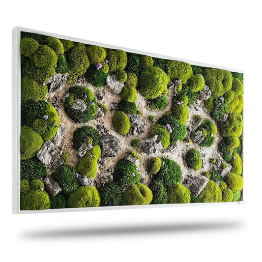 Moosbild "Dünenpfade" mit grünen Mooskugeln und natürlichen Steinen für entspannende Wandkunst.