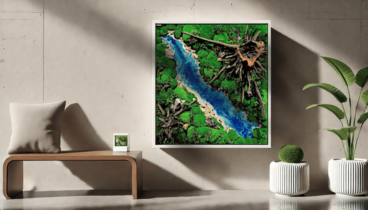 Handgefertigtes Moosbild "Forest River" - Wandkunst mit Flusselementen und Wurzeln, ideal für natürliche Dekoration.