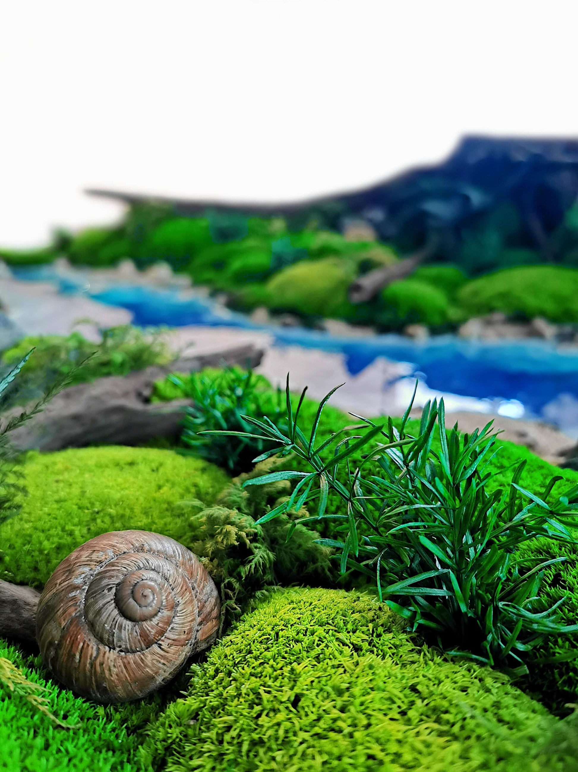 Handgefertigtes Moosbild Waldfluss - Wandbild mit Epoxidharz, detailreiche Miniaturlandschaft mit Moos und Flusselement.