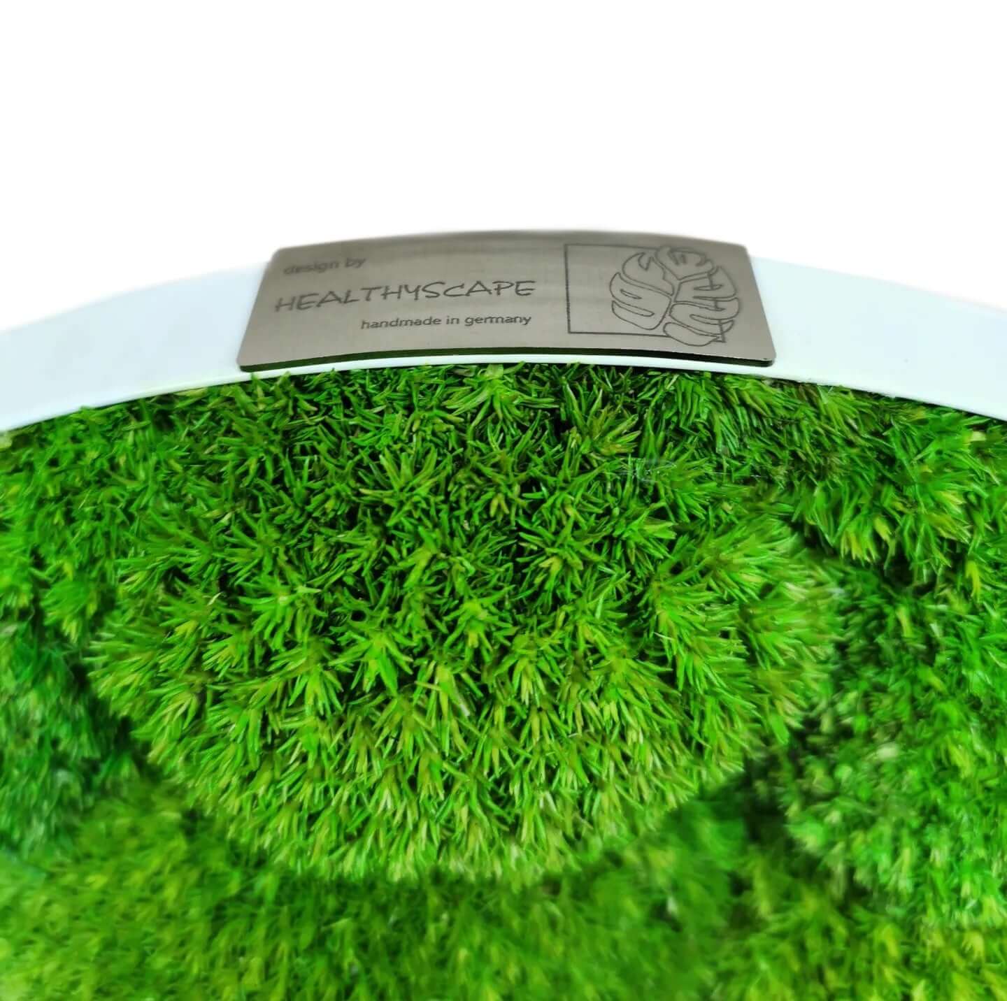 Moosbild mit Kugelmoosen in Light Green, runder Alurahmen, von HEALTHYSCAPE, handmade in Germany.